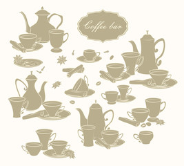 Set of vector elements of coffee pots, cups and spices.