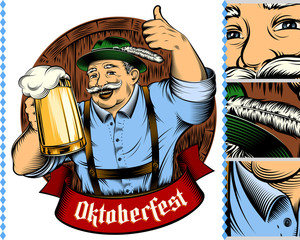 Man holding glass of beer in traditional german bavarian clothes Trachtenhut, Lederhosen on beer festival Oktoberfest. The thumbs-up gesture. Vector ink hand drawing vintage character on background.