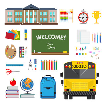 Colorful flat design with set of stationary elements, school and school bus.