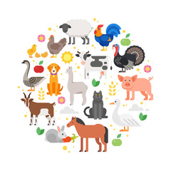 round composition of farm animals icons.