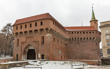 Fototapeta premium Military building Barbican at winter in Krakow, Poland.