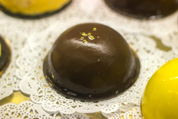 Showcase of cakes, pastry in window display