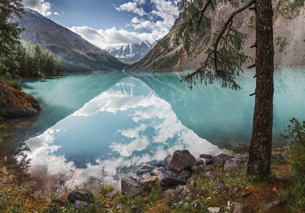 The famous beautiful turquoise lake Shavla in the mountains of Altai, Russia