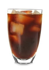 Glass with cold brew coffee on white background