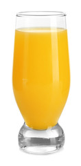 Glass of fresh orange juice on white background
