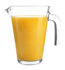 Glass pitcher of fresh orange juice on white background
