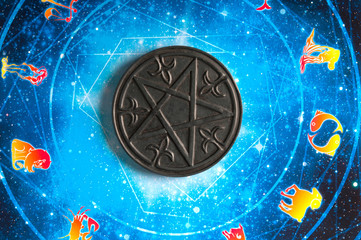 magic pentagram over astrology background with zodiac symbols