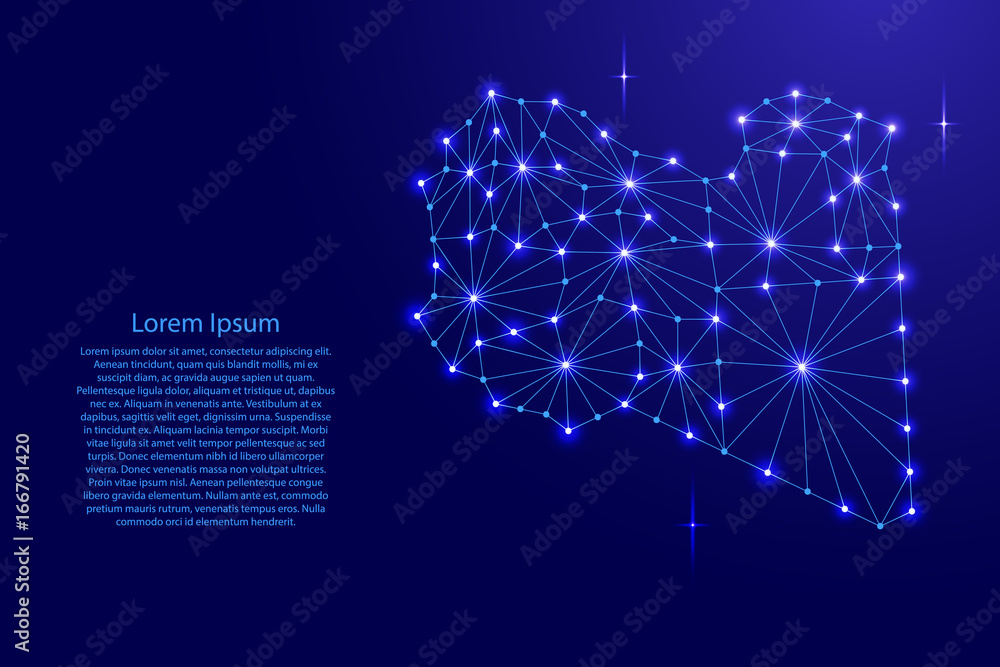 Poster libya map of polygonal mosaic lines network, rays and space stars of vector illustration.