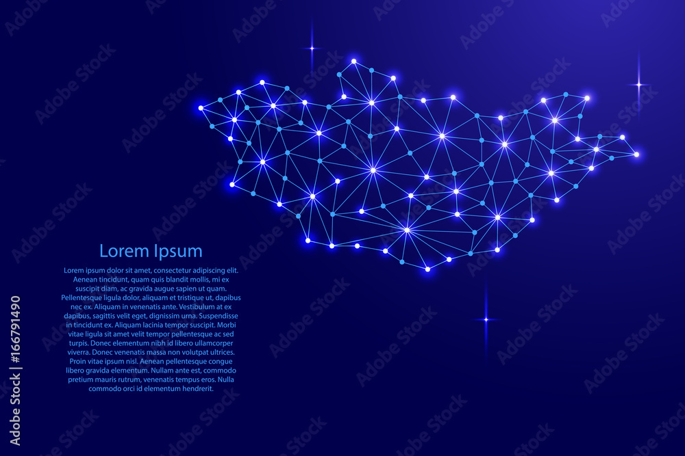Poster mongolia map of polygonal mosaic lines network, rays and space stars of vector illustration.