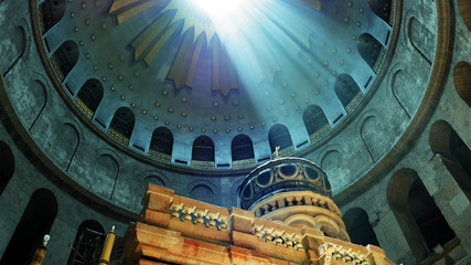 Jesus Christ Empty tomb and Dome rotunda over it in Jerusalem in the Holy Sepulcher Church. The Sepulchre Church and Empty Tomb are the most sacred places for all Christians on the planet.