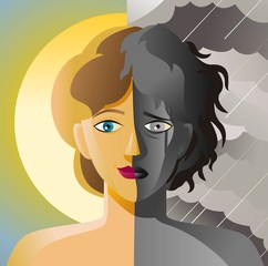 split face double personality bipolar sad and happy woman in sun and cloudy storm sky