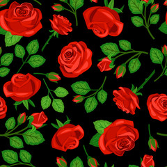Seamless pattern with roses on black background
