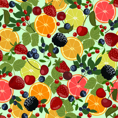 Slices of lemon, orange, lime, blueberries, cranberries, lingonberries, cherries and strawberries.
