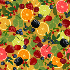 Slices of lemon, orange, lime, blueberries, cranberries, lingonberries, cherries and strawberries.
