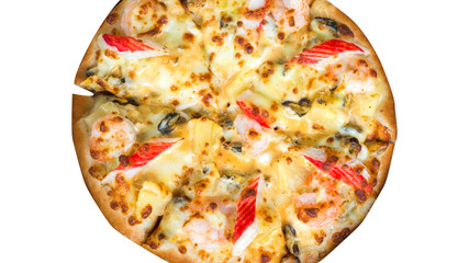 pizza with seafood on delivery box