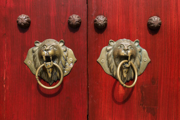 Lion Head Door Knockers on bright red door background