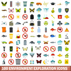 100 environment exploration icons set, flat style