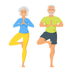 happy senior man and woman doing yoga