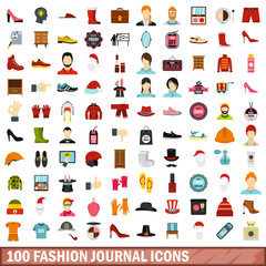 100 fashion journal icons set, flat style