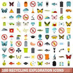 100 recycling exploration icons set, flat style