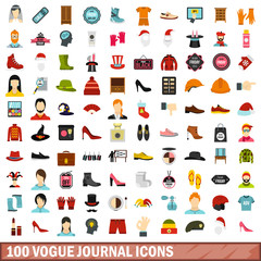 100 vogue journal icons set, flat style