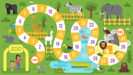 Obraz na płótnie Canvas kids zoo animals board game template. 
