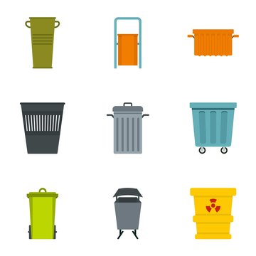 Garbage container icon set, flat style