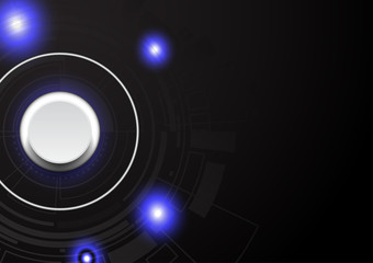 Technology background, white button and blue lights on black background