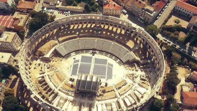 Aerial view of the Pula Arena, famous ancient Roman amphitheatre in Croatia