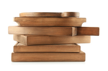 Pile of wooden boards on white background