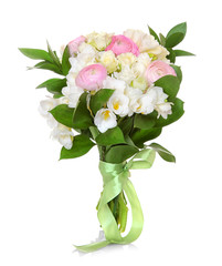 Beautiful bouquet with freesia flowers on white background