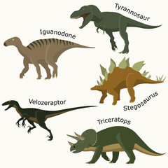 Brontosaurus, Stegosaurus, triceratops, velociraptor, tyrannosaurus. Set Jurassic reptile.