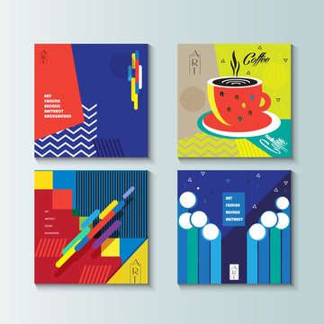 Pop Art abstract magazine covers background set. Modern Art Design for Gallery Exhibition catalog cover, business brochure, poster, banner, flyer template. Vector Geometric dynamic shapes