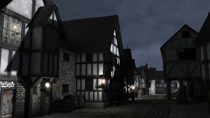Illustration of a Medieval Town Street at Night