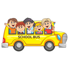 Children go to school by bus cartoon