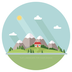Naklejka premium Beautiful rural landscape with houses and mountain views. The village road to the garden, field. Spring Summer Autumn. Flat design style vector illustration.
