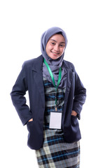 A pretty muslim woman wearing hijab, suit and wearing a blank ID tag or name card on a lanyard  isolated on white background