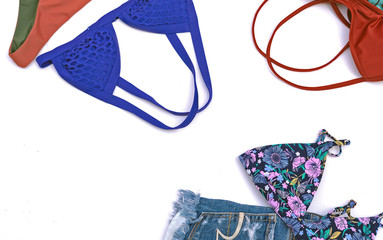 Summer vacation background, woman summer clothes, bikini and short jean