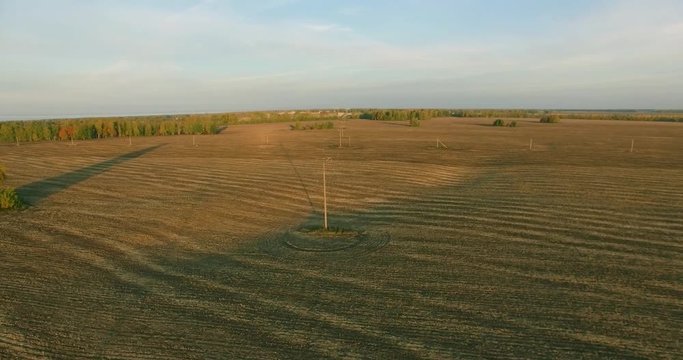 UHD 4K aerial view. Mid-air flight over electric power lines. Yellow rural field at sunny autumn evening. Green trees on horizon. Fast horizontal movement.