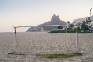 An empty soccer (football) goal in Ipanema, Rio de Janeiro, Brazil