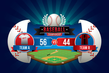 Vector of baseball game with team competition and scoreboard.