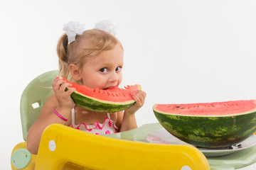 A child, a little girl, appetizingly eats a juicy watermelon.