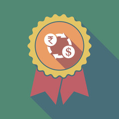 Long shadow badge with  a rupee and dollar exchange sign
