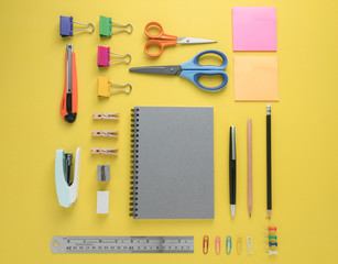 Office tools, School stationery set and supplies on yellow background.