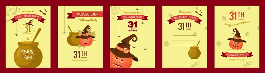 Set of halloween party invitations. Poster designs with halloween symbols and calligraphy.  Halloween Night Party. Trick or Treat. Vector illustration in flat style.