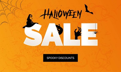 Fototapeta premium Halloween Sale vector banner with lettering and holiday symbols pumpkin, witch hat, zombie, spider and bat. Great for banner, voucher, offer, coupon, holiday sale.