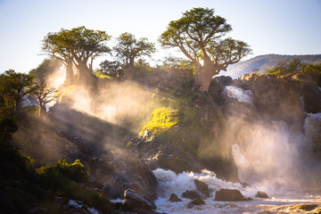 Misty sunrise on Epupa falls - Kunene river - Namibia - Angola border
