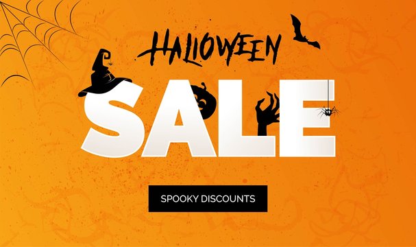 Halloween Sale vector banner with lettering and holiday symbols pumpkin, witch hat, zombie, spider and bat. Great for banner, voucher, offer, coupon, holiday sale.
