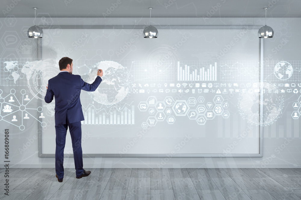 Poster Businessman using graph screens interface on a board 3D rendering
