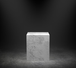 Empty marble podium on concrete floor with spotlight background. 3D rendering.
